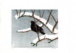 Winter Blackbird Woodcut Winter Blackbird Woodcut